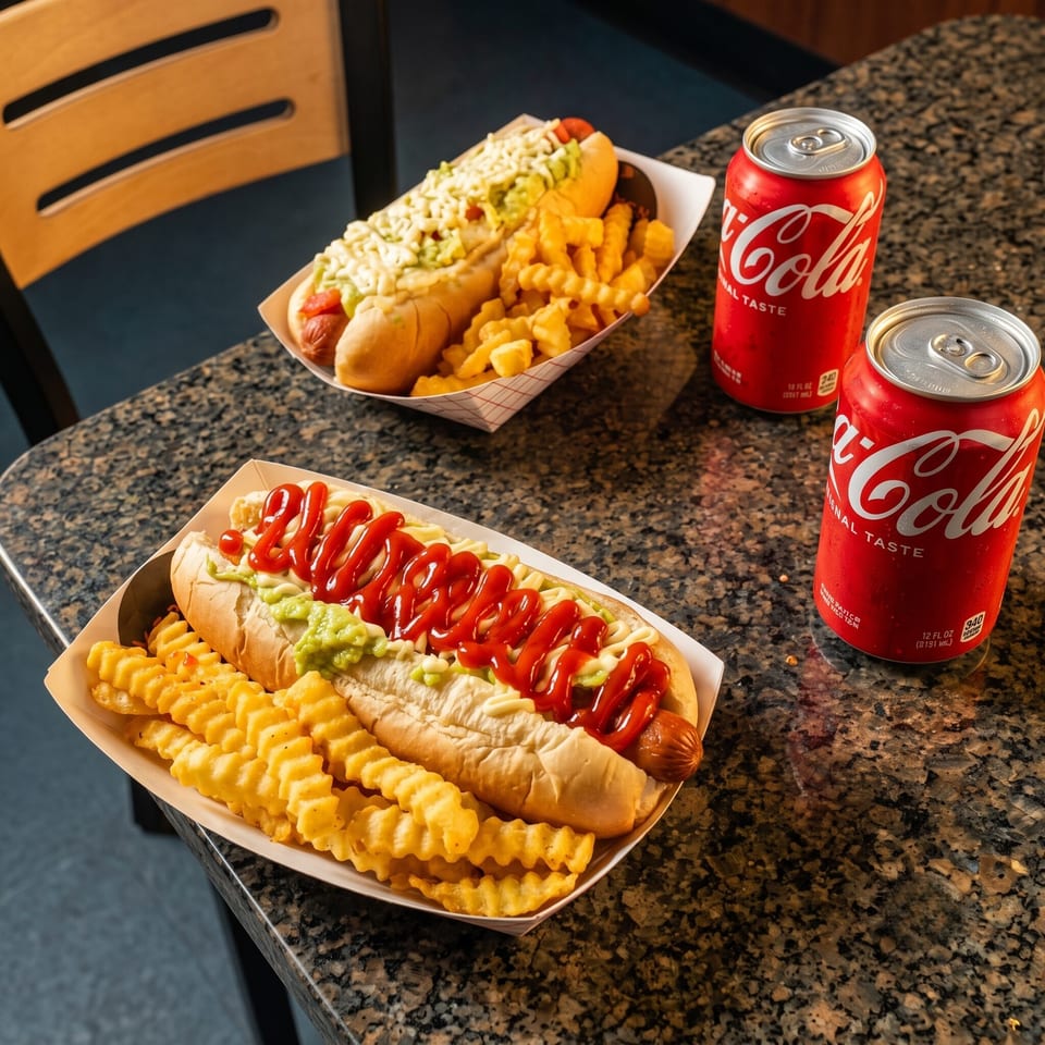 Two hot dogs with fries and two Coca-Cola cans on a speckled countertop.