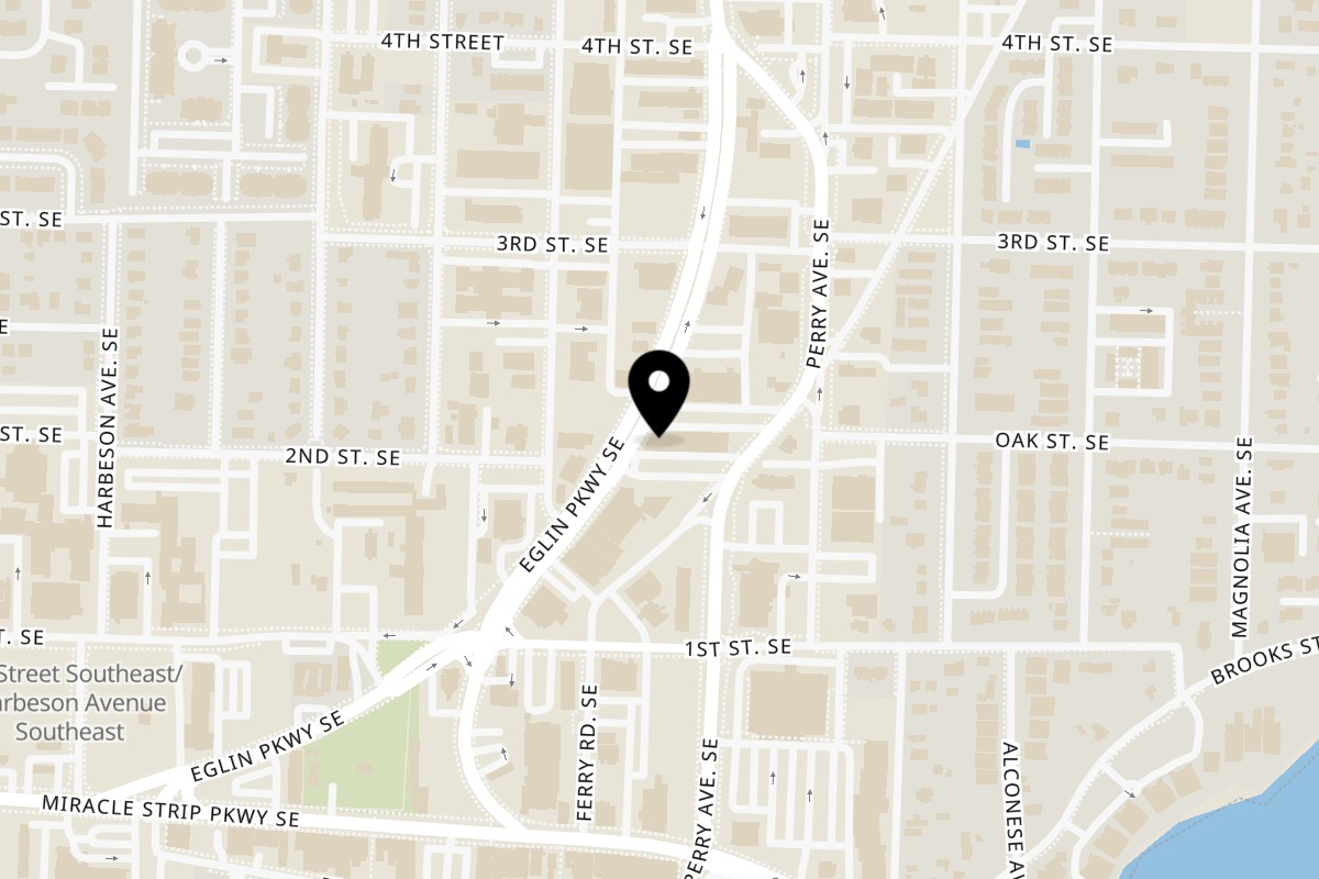 Map showing the location of Merken Hot Dogs & Sandwiches on 125 Eglin Pkwy SE in Fort Walton Beach